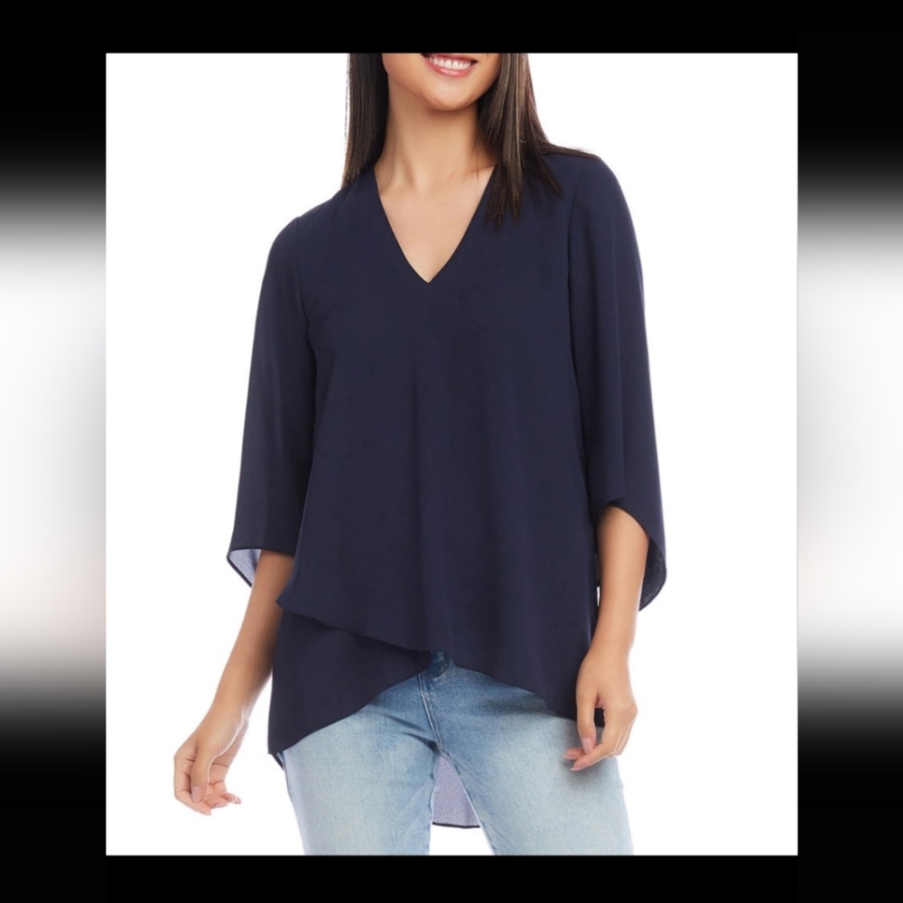 Karen Kane Silky Crepe Crossover Hem Top – Navy – Size M